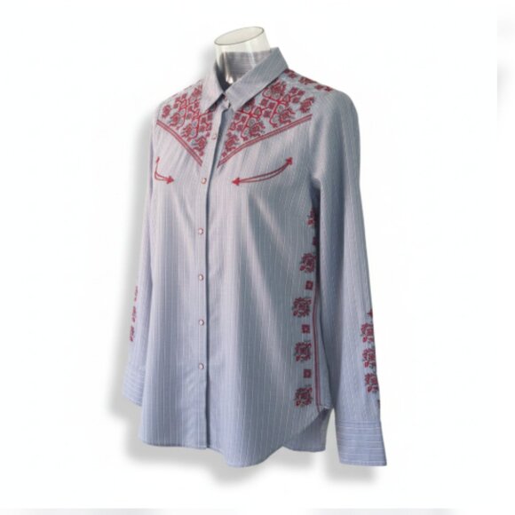 Johnny Was 3J Workshop Shirt Womens Small Blue Stripes Embroidered Button Up EUC - Picture 2 of 16